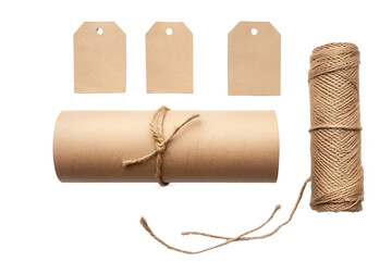 Brown Paper Tube with Blank Tags and Twine on a transparent background 