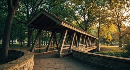 Wooden covered bridge spanning a waterway, surrounded by trees & stonework in sunlight