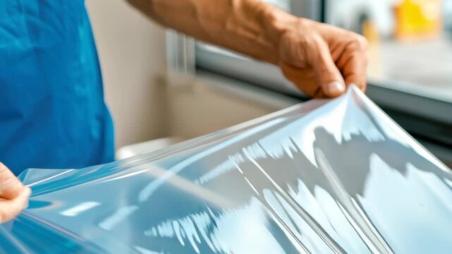 Clear plastic film stretch wrap packaging transparent clear sheet industrial protective sealing manual wrapping hands closeup focus