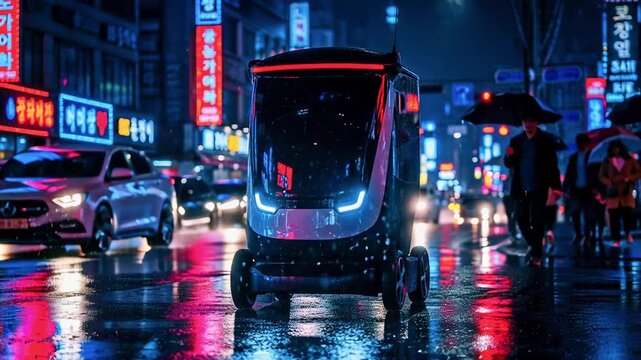 Futuristic vehicle navigates a neon-lit, rainy city street at night. People with umbrellas walk