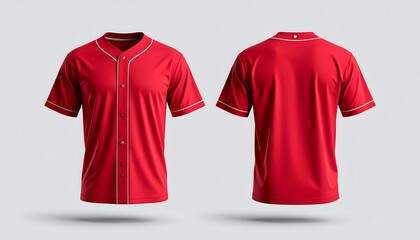 Front and back view of a plain red baseball jersey with white piping details, floating on a light background.