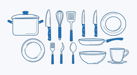 Assortment of Blue-Handled Kitchen Utensils and Cookware Collection.
