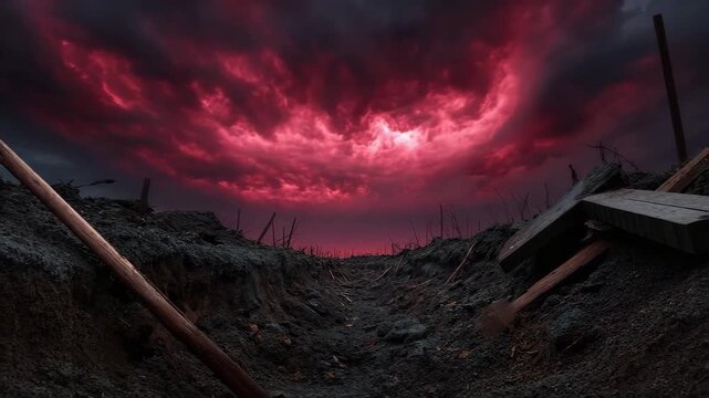 Dark trench with wooden cross and broken signs under stormy sky of red clouds creates eerie, intense, and foreboding atmosphere in dramatic barren landscape with dark soil
