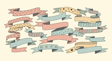 Collection of Pastel-Colored Hand-Drawn Decorative Ribbons with Various Patterns.