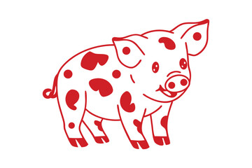 Happy pig with red spots smiles, showing a joyful expression on a white background