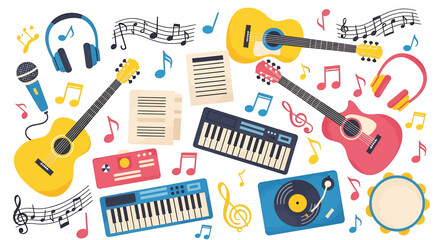 Colorful Assortment of Musical Instruments and Music Notes Illustration.