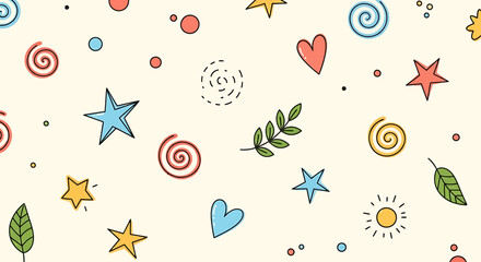 Colorful Doodle Pattern with Stars, Hearts, and Swirls.