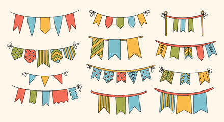 Colorful hand-drawn festive bunting flags with various shapes and patterns.