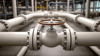 Industrial pipeline valve with metal handle and detailed bolts in factory setting featuring beige pipes for fluid control and precision engineering in industrial metal systems - Powered by Adobe