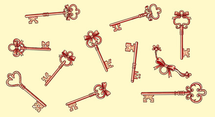 Detailed Antique Keys Collection in Red, Featuring Ornate Bows and Intricate Designs.