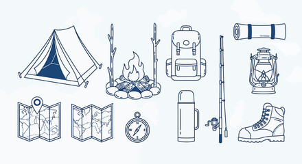 Detailed Hand-Drawn Camping Gear Set - Tent, Backpack, Lantern, and More.