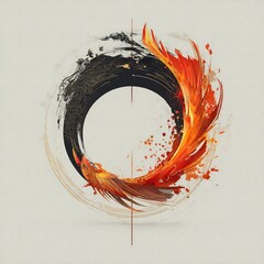 Abstract Enso Circle: Fiery Brushstrokes and Golden Geometric Pattern Design