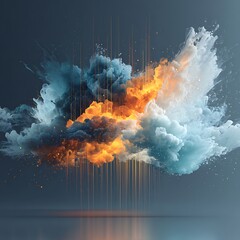 Dynamic abstract explosion of blue and orange smoke with glowing vertical lines and particle effects, reflecting on a dark surface.