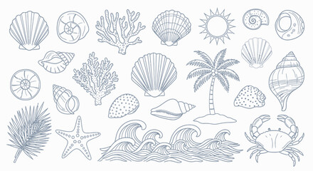 Detailed Hand-Drawn Coastal Collection - Seashells, Coral, Palm Tree, and Waves.