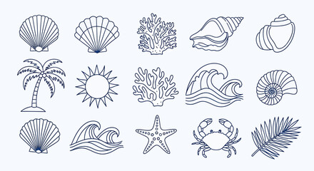 Detailed outline sea and beach elements line art illustrations collection.