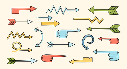 Diverse Collection of Hand-Drawn Arrows in Various Styles and Colors.