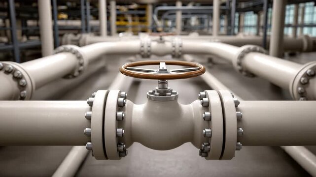 Industrial pipeline valve with metal handle and detailed bolts in factory setting featuring beige pipes for fluid control and precision engineering in industrial metal systems