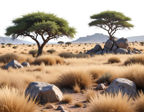 A bright summer landscape with Joshua trees standing tall against a blue sky over a dry field and distant mountains