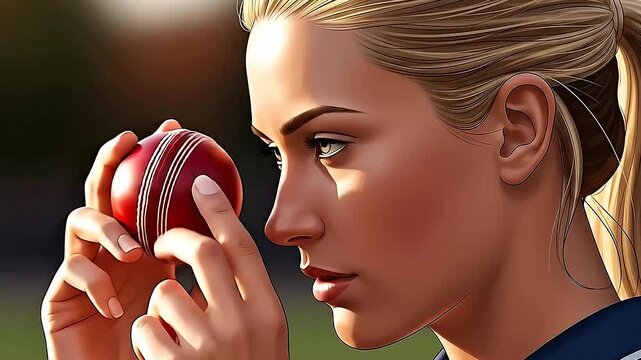Female cricketer inspecting a red cricket ball in her hand