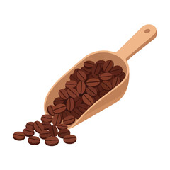 Fresh coffee beans spilling from rustic wooden scoop on bright backdrop