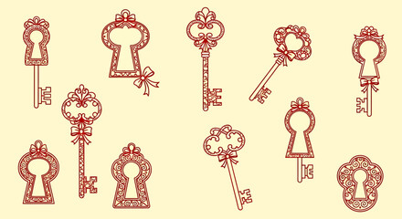 Ornate Vintage Keys and Keyholes with Decorative Bows.