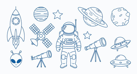 Outline Space Exploration Icons - Rocket, Planets, Astronaut, and More.