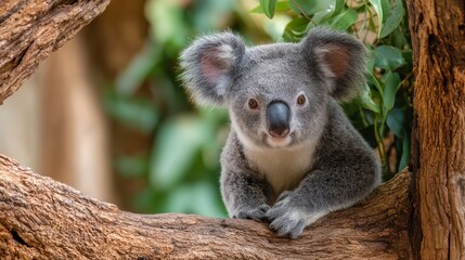 Fototapeta premium Adorable koala resting in a tree with lush greenery background