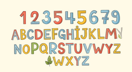 Playful Colorful Alphabet and Numbers Set in Whimsical Hand-Drawn Style.