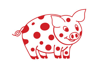 Outlined cartoon pig with red spots happily stands on a plain white background