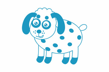 Outlined cartoon puppy stands cheerfully featuring blue spots and whimsical expression on a white background