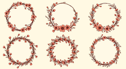 Set of Six Delicate Floral Wreaths with Pink Blossoms and Brown Stems.