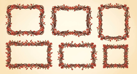Set of six ornate botanical frames, adorned with intricate red berries and rustic autumn leaves, hand-drawn style.