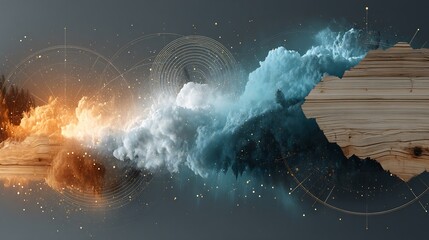 Abstract Energy Flow with Contrasting Clouds, Golden Spirals, and Wood Elements