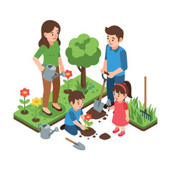 Cheerful family planting flowers together in garden, springtime happiness
