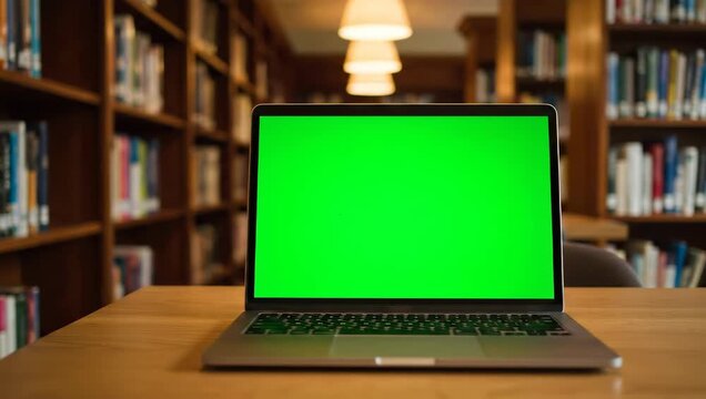 Laptop computer with a green screen for mockups on a wooden table inside a library with bookshelves in the background.