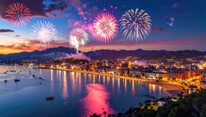 Vibrant fireworks illuminate the night sky over a coastal city, reflecting on the water below