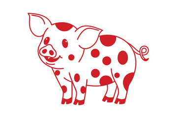 Playful cartoon pig with red spots happily smiles on a white background