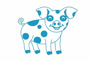 Playful outlined piglet sporting blue spots cheerfully stands on a white background
