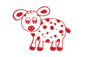 Red and white cartoon calf with spots stands on a white background isolated