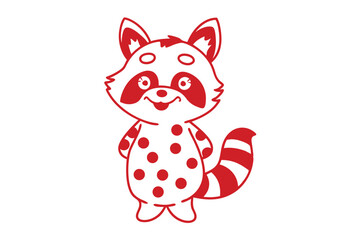 Red and white cartoon raccoon standing on a white background with red polka dots on it