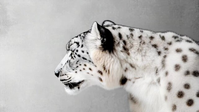 Close-up of snow leopard with thick, spotted coat against blurred background