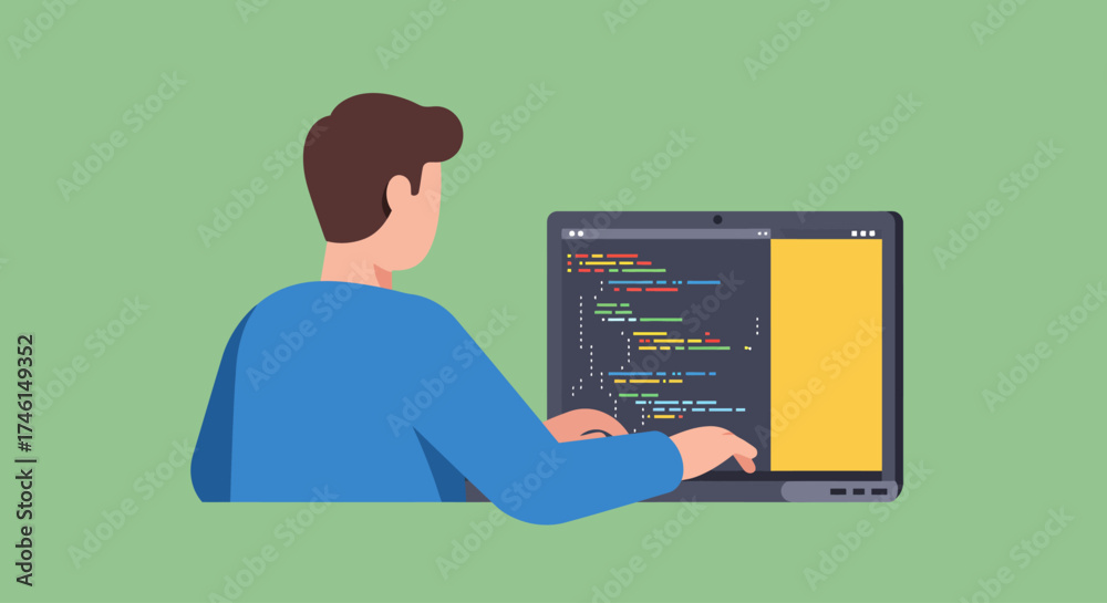 Wall mural a person is sitting at a laptop, coding and working on a project with lines of code.