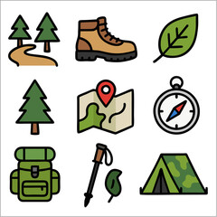 Flat Icon Set, Forest Trekking Adventure Icons with Bold Outlines 