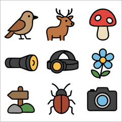Flat Icon Set, Forest Trekking Adventure Icons with Bold Outlines 