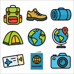 Flat Icon Set, Backpacking Trip Travel Essentials with Bold Outlines