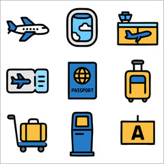 Flat Icon Set, Airplane and Airport Travel Essentials with Bold Outlines
