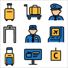 Flat Icon Set, Airplane and Airport Travel Essentials with Bold Outlines