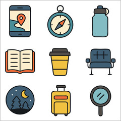 Flat Icon Set, Solo Travel Essentials with Bold Outlines