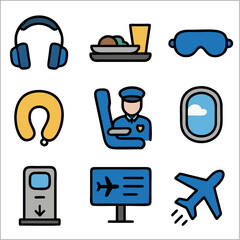 Flat Icon Set, Airplane and Airport Travel Essentials with Bold Outlines