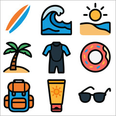 Flat Icon Set, Surfing Beach Lifestyle with Bold Outlines 
